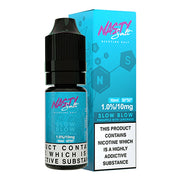 A 10 ml bottle of Nasty Juice Slow Blow Nasty Salts e‑liquid with sleek black-and-teal packaging, featuring bold ‘Slow Blow’ flavor typography and subtle ice crystal graphics—formulated for nicotine salt vaping devices